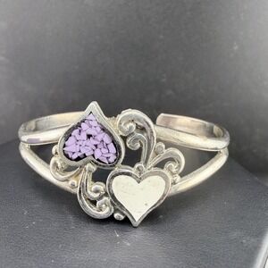 Vintage EJC Cuff Bracelet Silver Tone Heart Purple Crushed Stone Inlay 6"